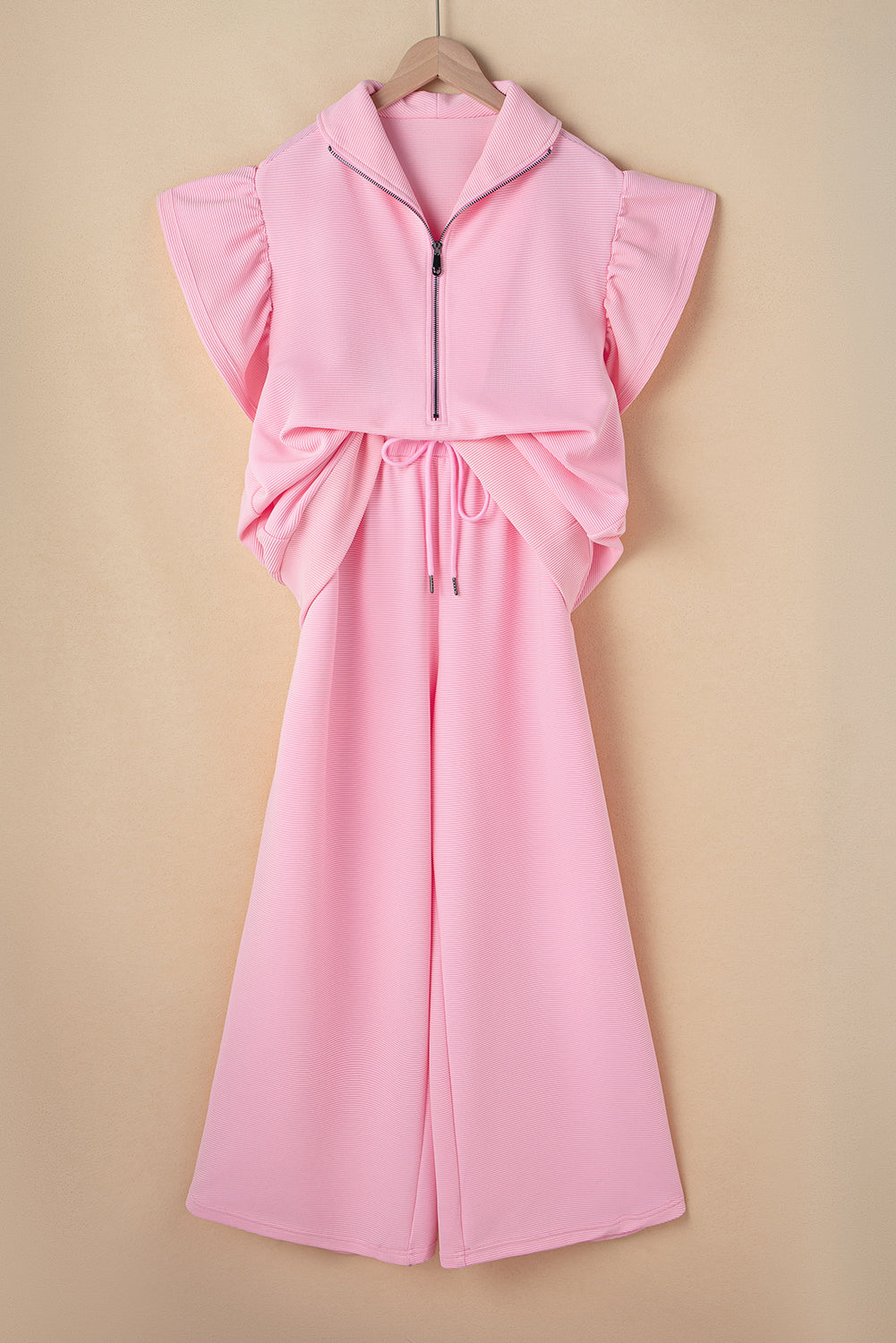 Ruffled Zipped Top and Wide Leg Pants Set