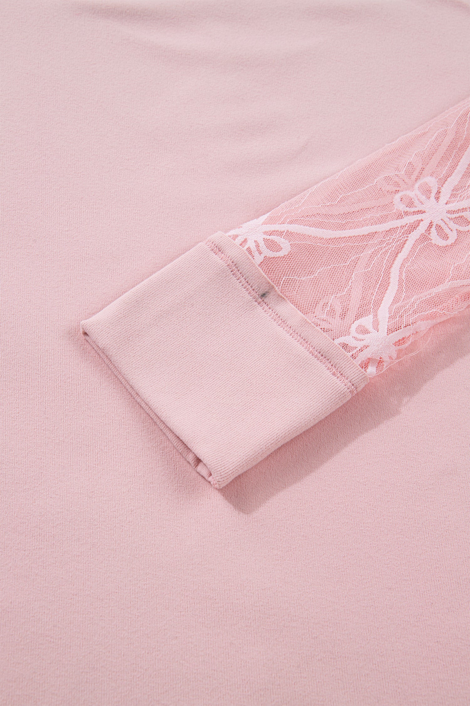 Light Pink Solid Color Bow Textured Patchwork Long Sleeve Tee