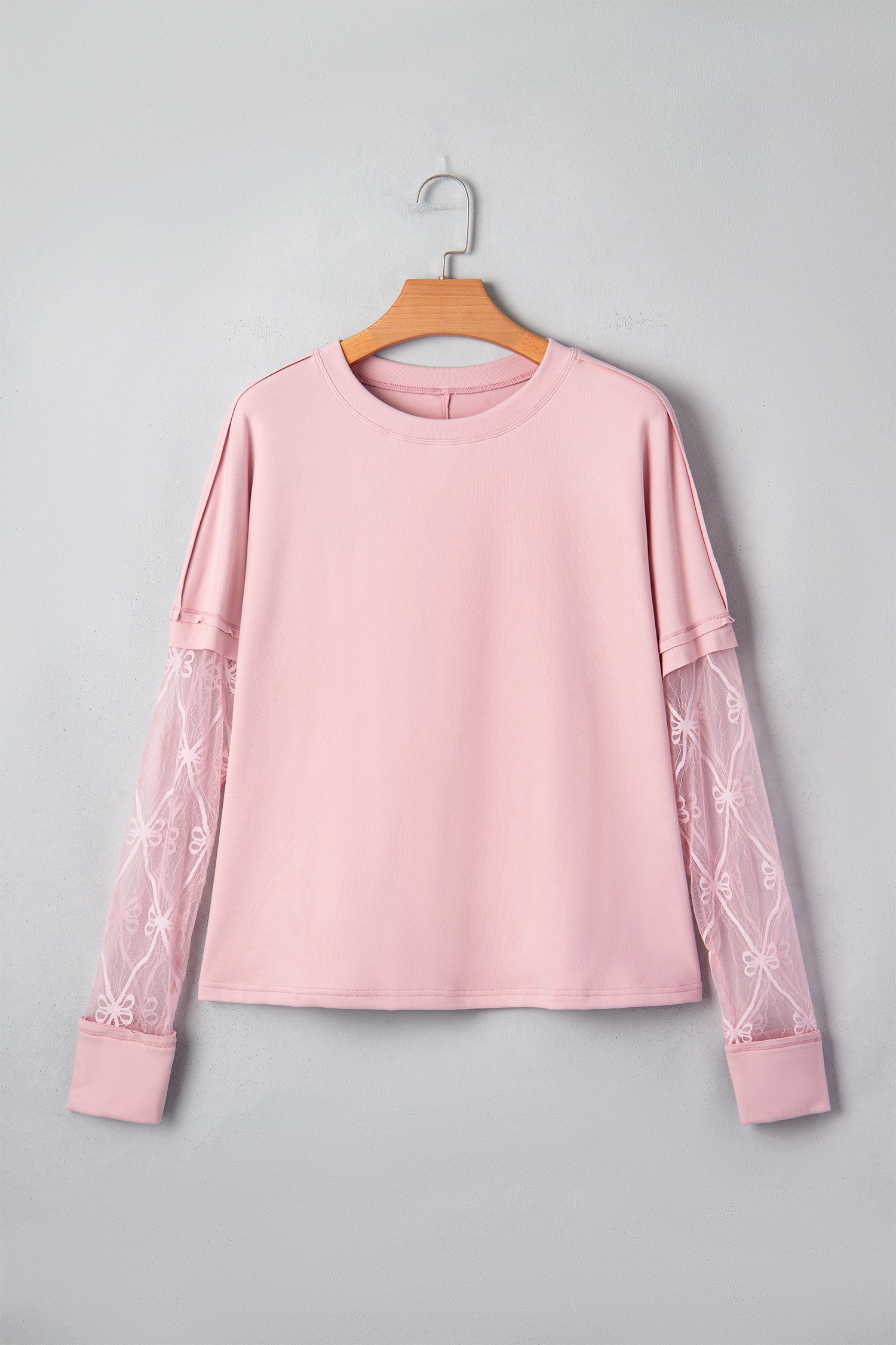 Light Pink Solid Color Bow Textured Patchwork Long Sleeve Tee
