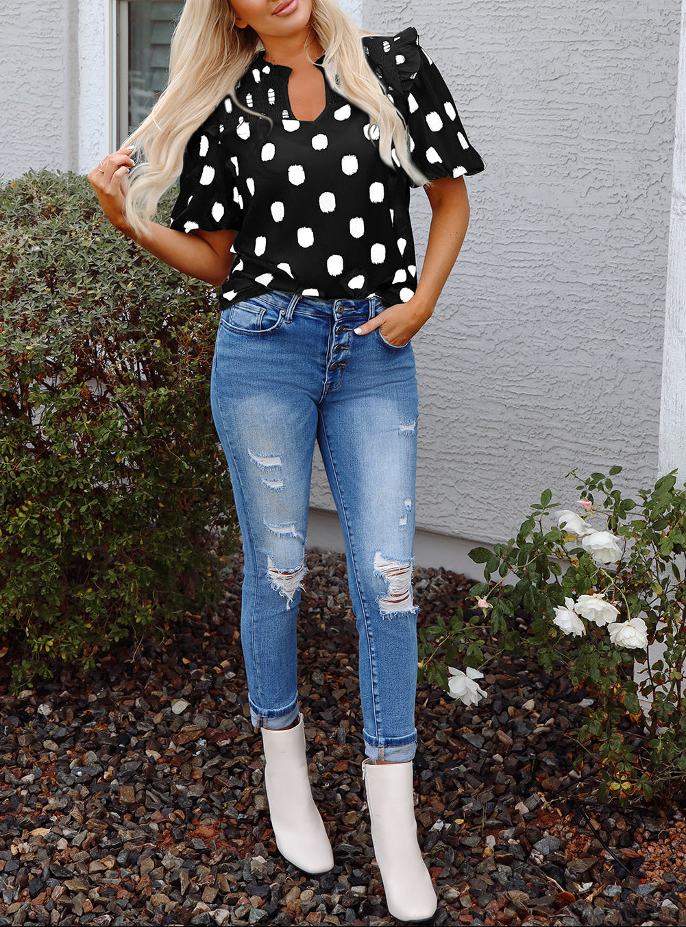Polka Dot Puff Sleeve Blouse
