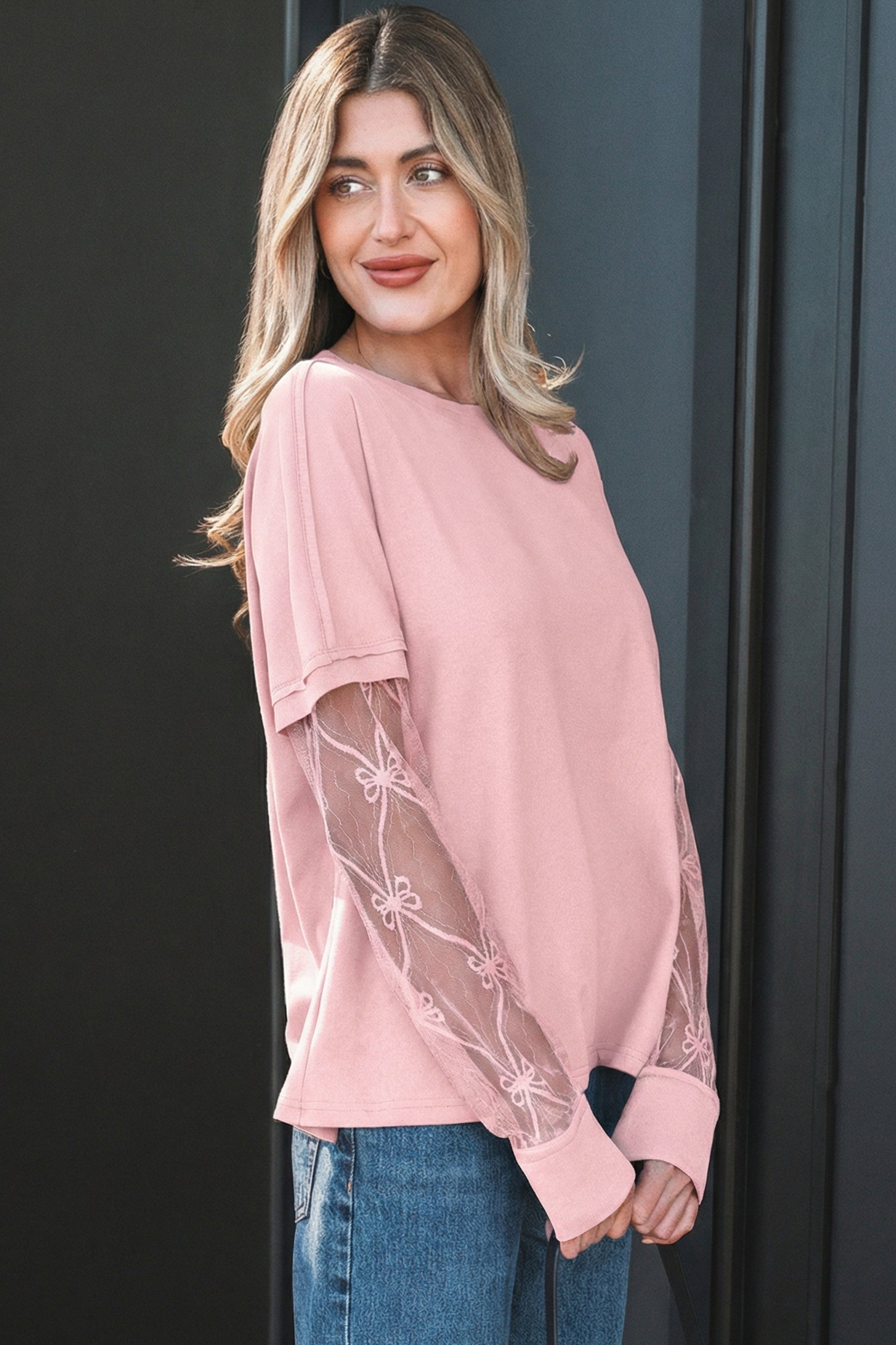 Light Pink Solid Color Bow Textured Patchwork Long Sleeve Tee