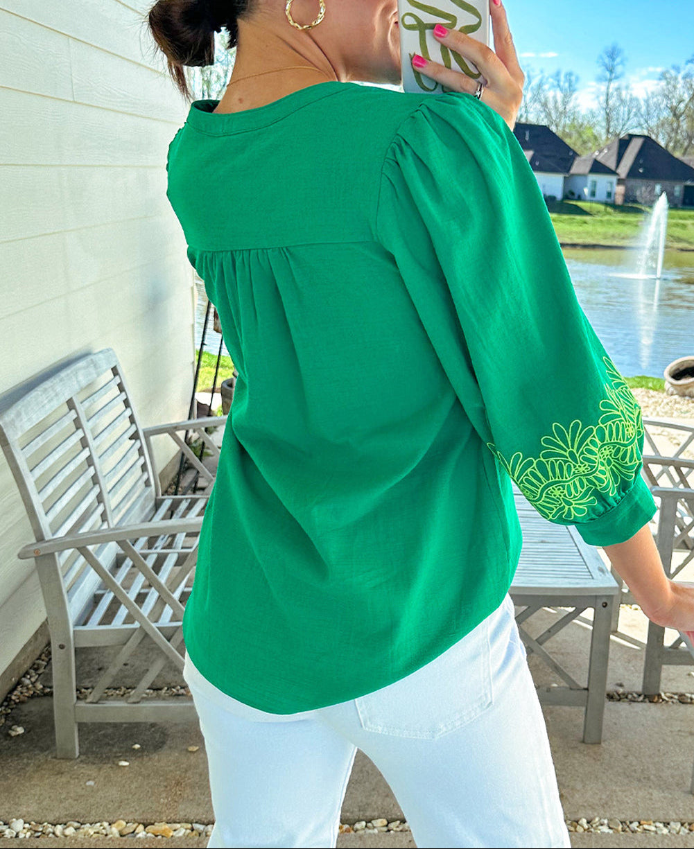 Floral Embroidered 3/4 Sleeve Blouse