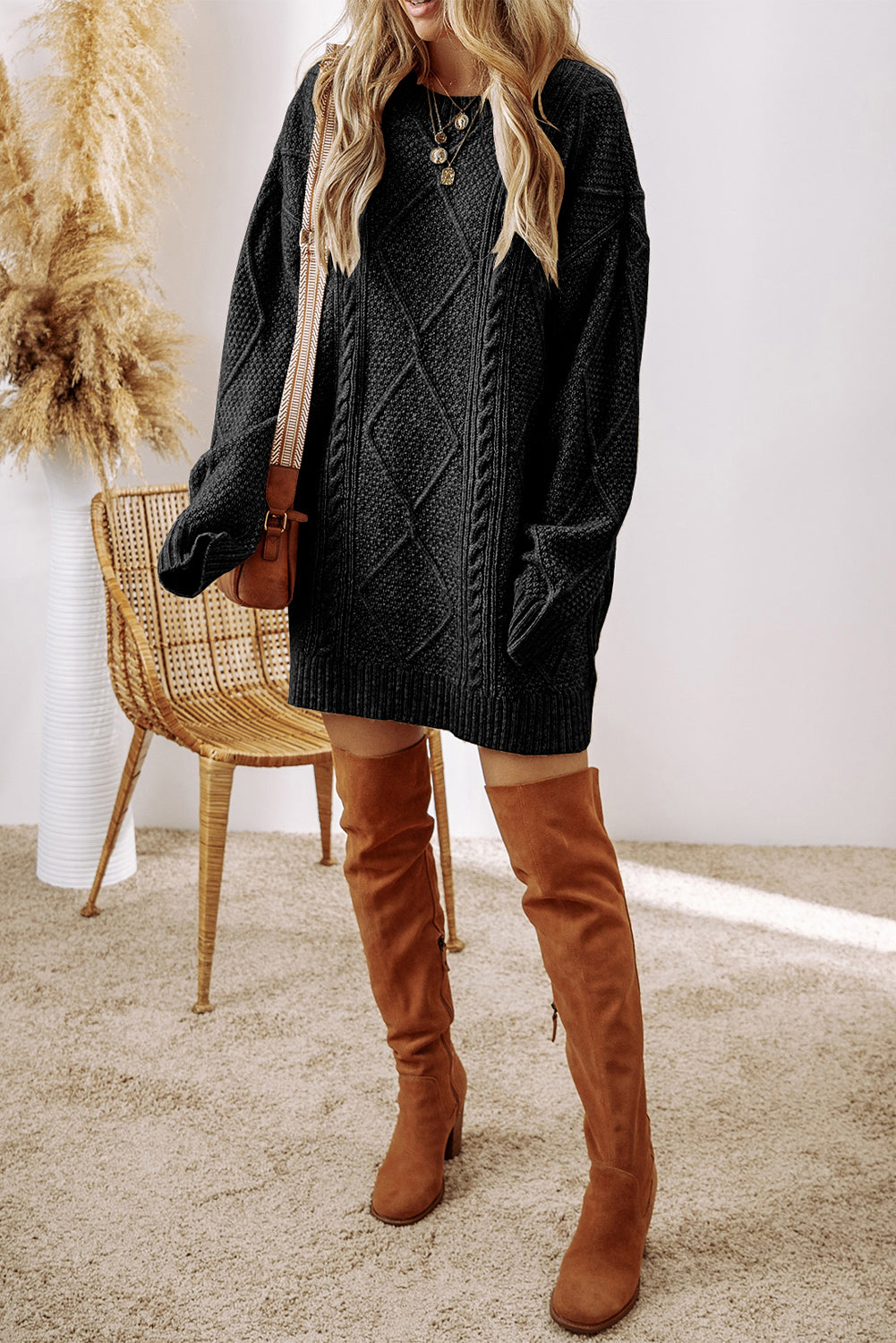 Textured Shoulder Loose Fit Sweater Dress