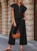 Ruffled Zipped Top and Wide Leg Pants Set