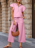 Ruffled Zipped Top and Wide Leg Pants Set