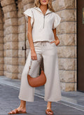 Ruffled Zipped Top and Wide Leg Pants Set