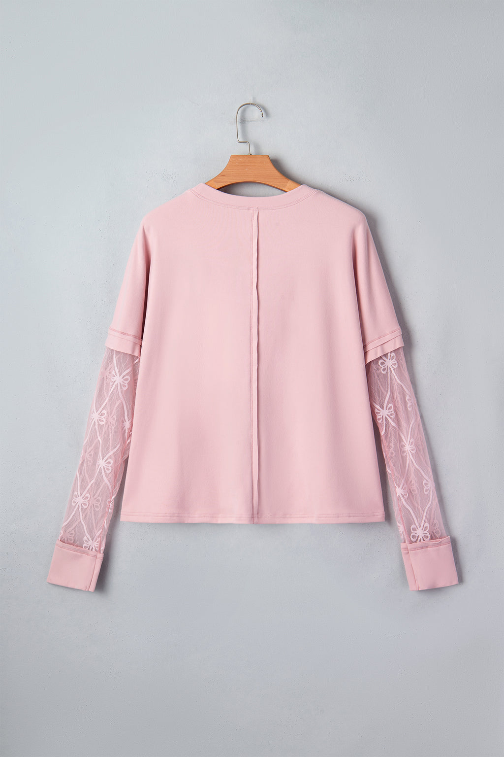 Light Pink Solid Color Bow Textured Patchwork Long Sleeve Tee
