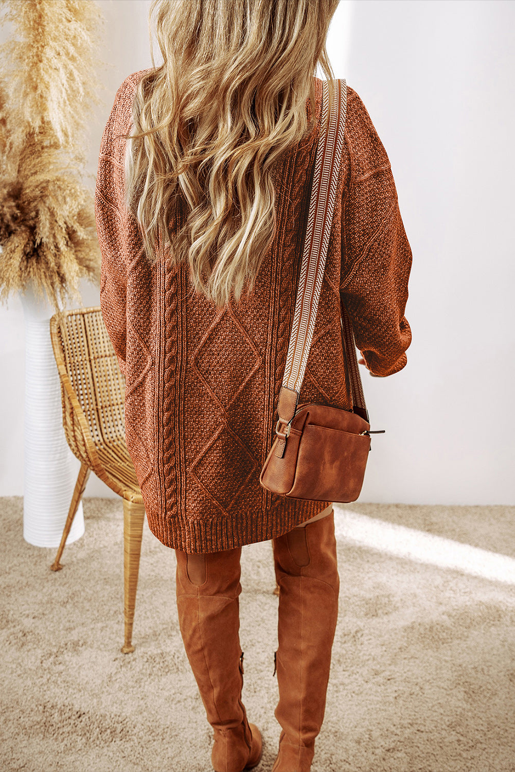 Textured Shoulder Loose Fit Sweater Dress