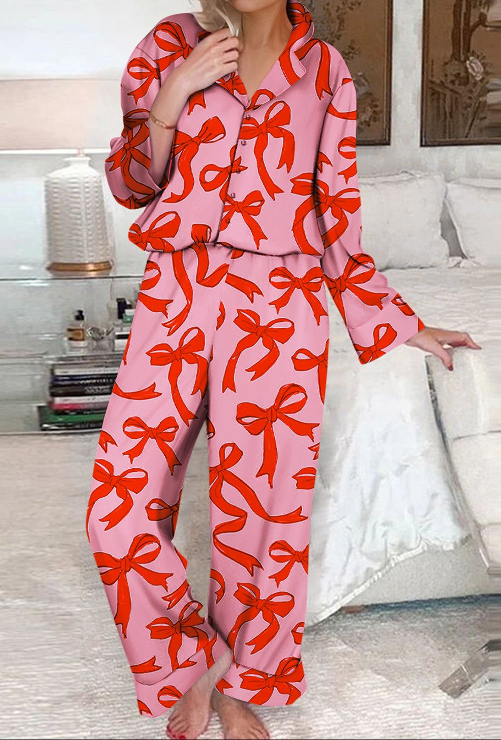 Pink 2pcs Bow Print Shirt Style Long Sleeve Pajama Set