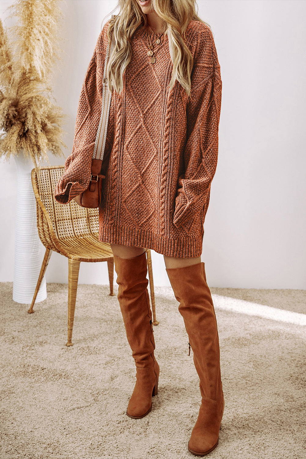 Textured Shoulder Loose Fit Sweater Dress