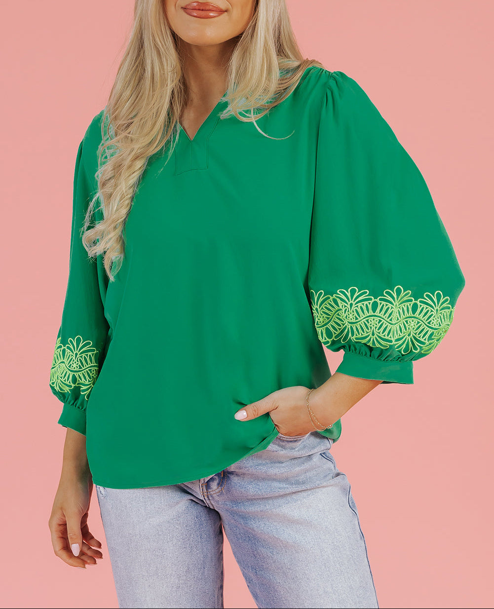 Floral Embroidered 3/4 Sleeve Blouse