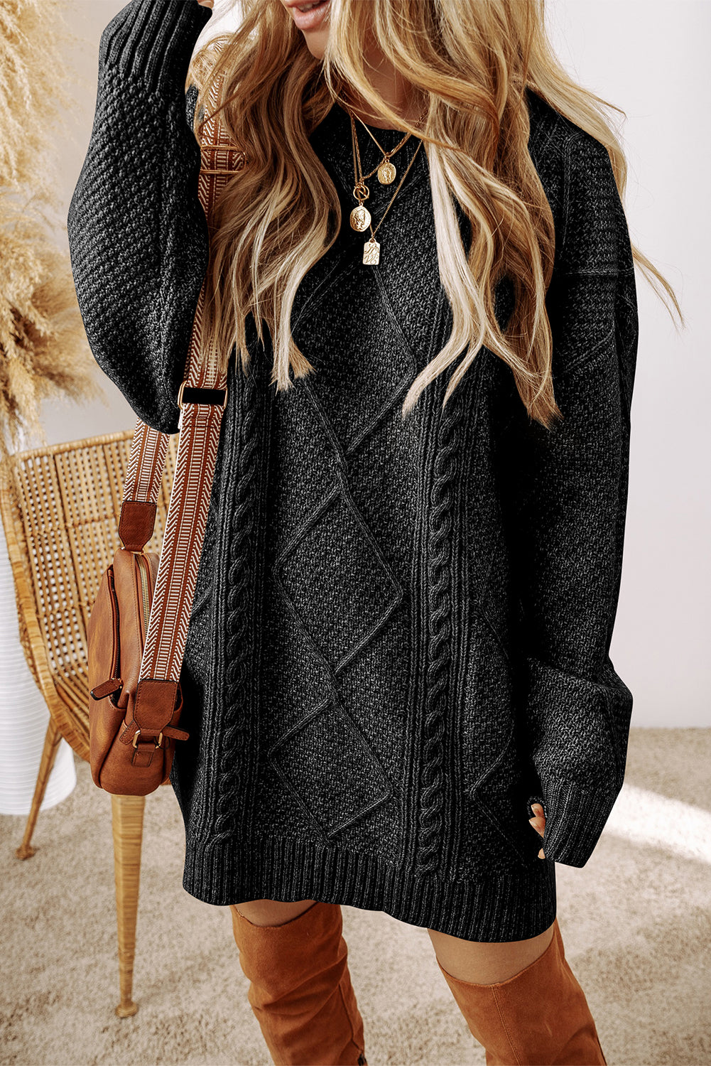 Textured Shoulder Loose Fit Sweater Dress