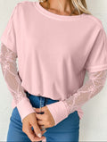 Light Pink Solid Color Bow Textured Patchwork Long Sleeve Tee