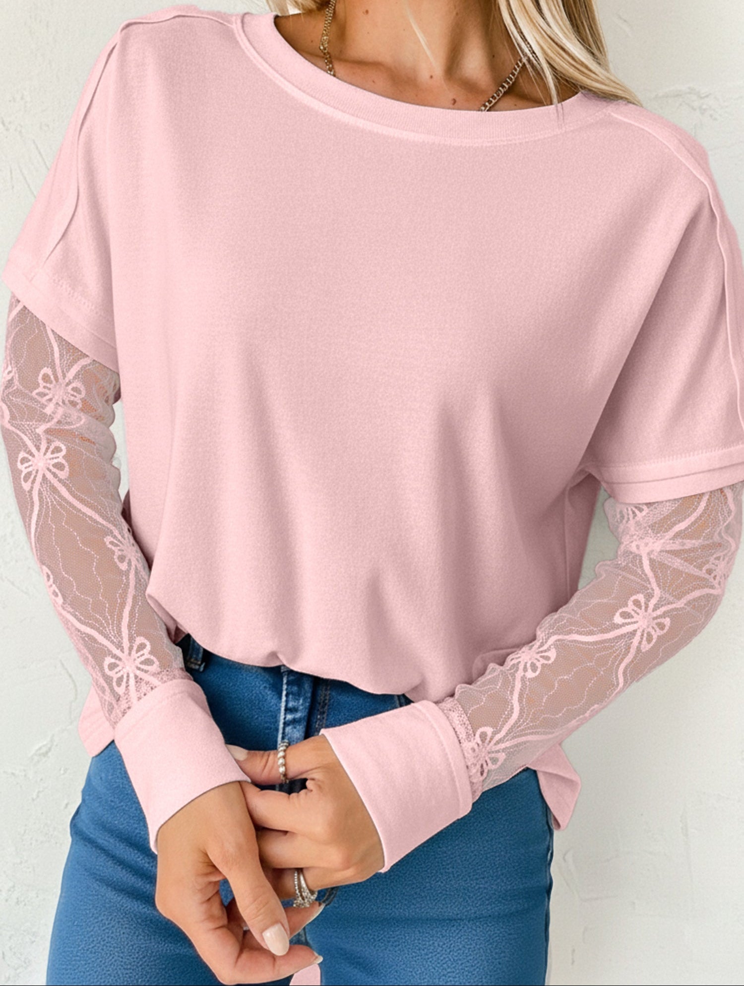 Light Pink Solid Color Bow Textured Patchwork Long Sleeve Tee