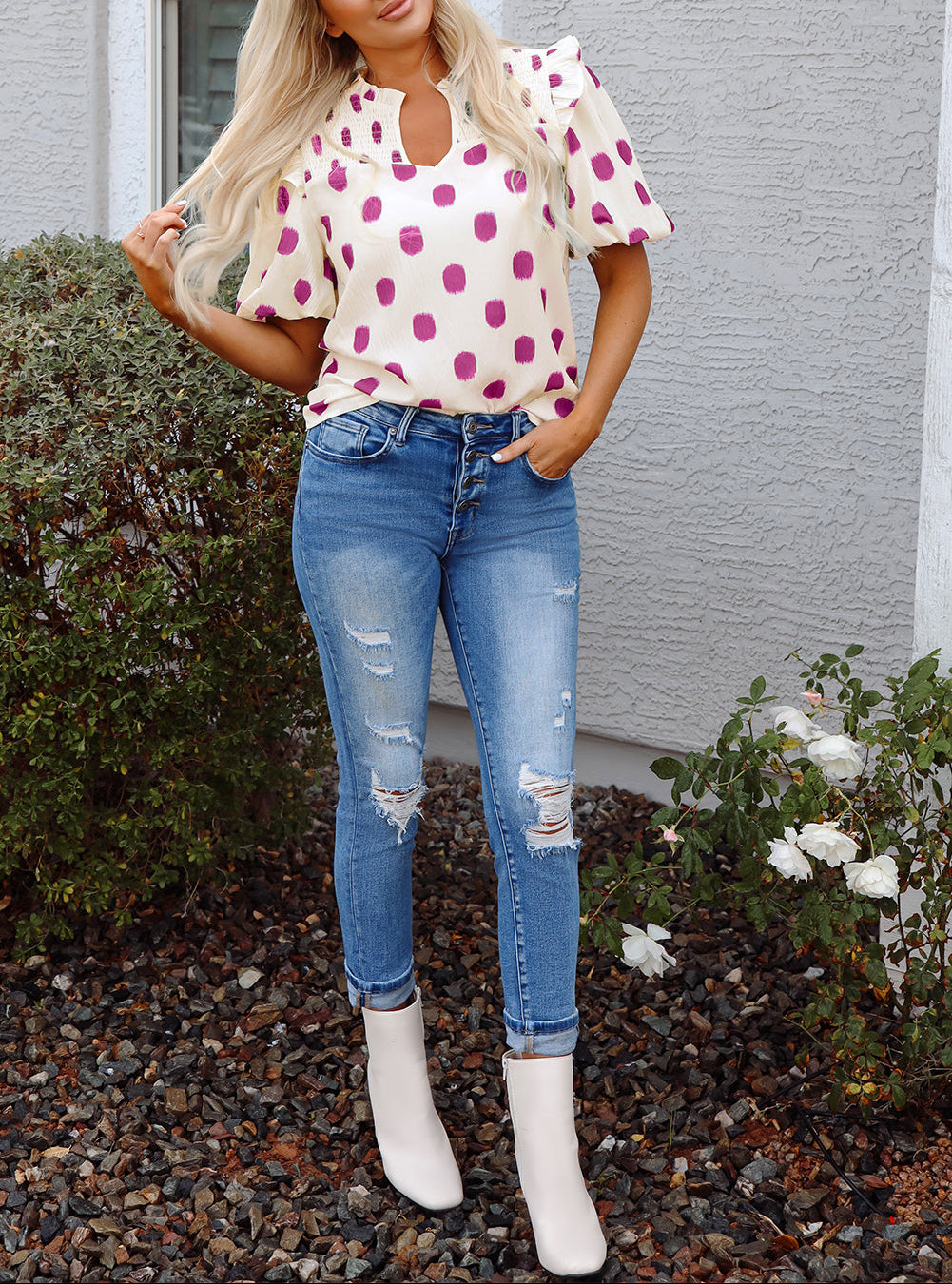 Polka Dot Puff Sleeve Blouse