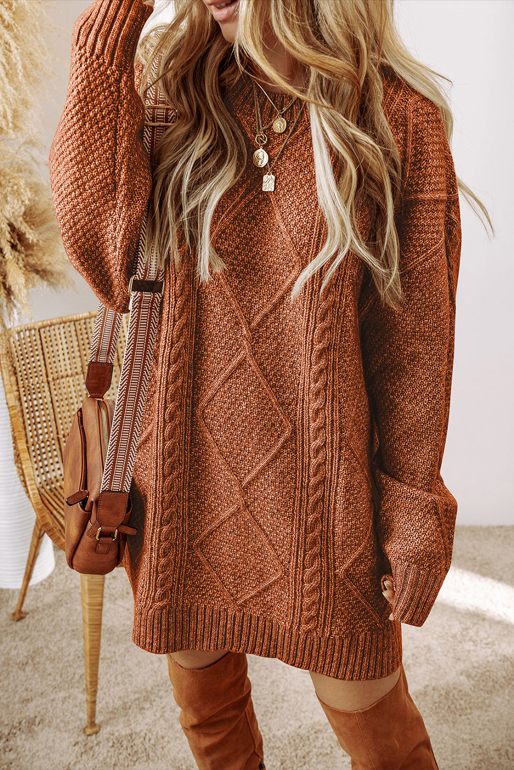 Textured Shoulder Loose Fit Sweater Dress