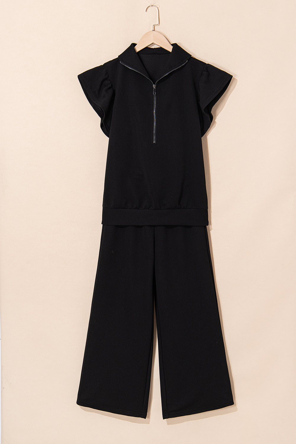 Ruffled Zipped Top and Wide Leg Pants Set